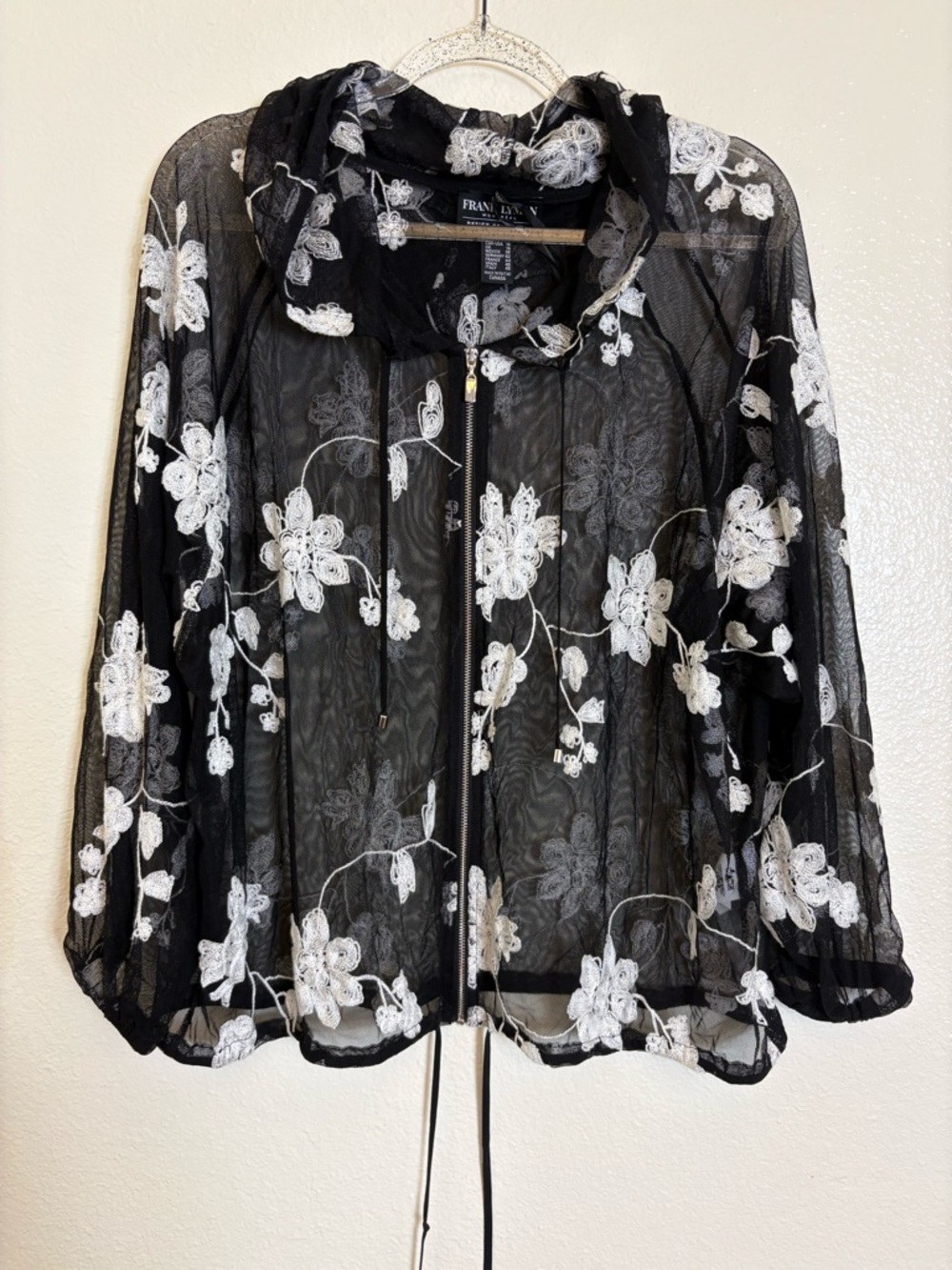 Frank Lyman Black Mesh Floral Embroidered Zip Jacket Hooded Size 14 Sheer